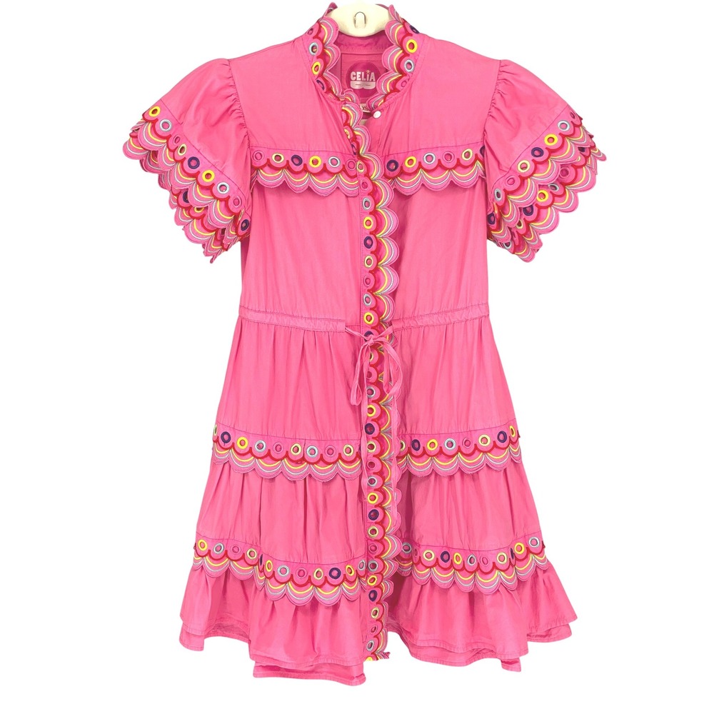 Celia B Marilla Dress Pink Embroidered Scalloped Eyelet Tiered Mini Dress XS - Picture 2 of 13